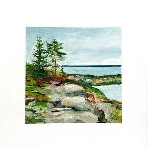 8x8 Maine Original Oil Painting Acadia Pine Trees Rocks Cadillac Mountain Signed